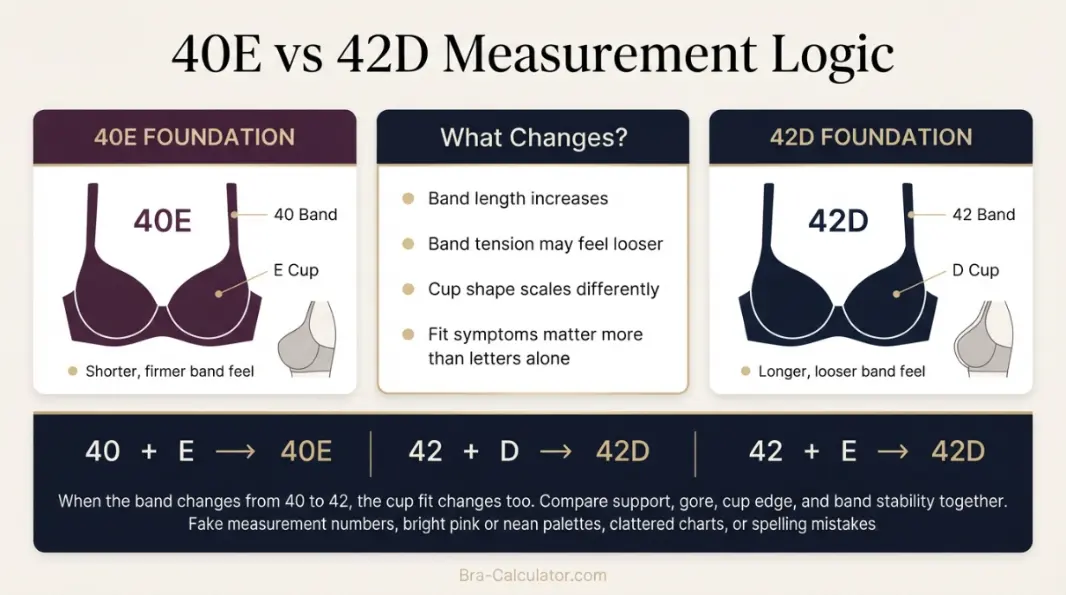 40E vs 42D measurement logic diagram showing underbust and cup volume