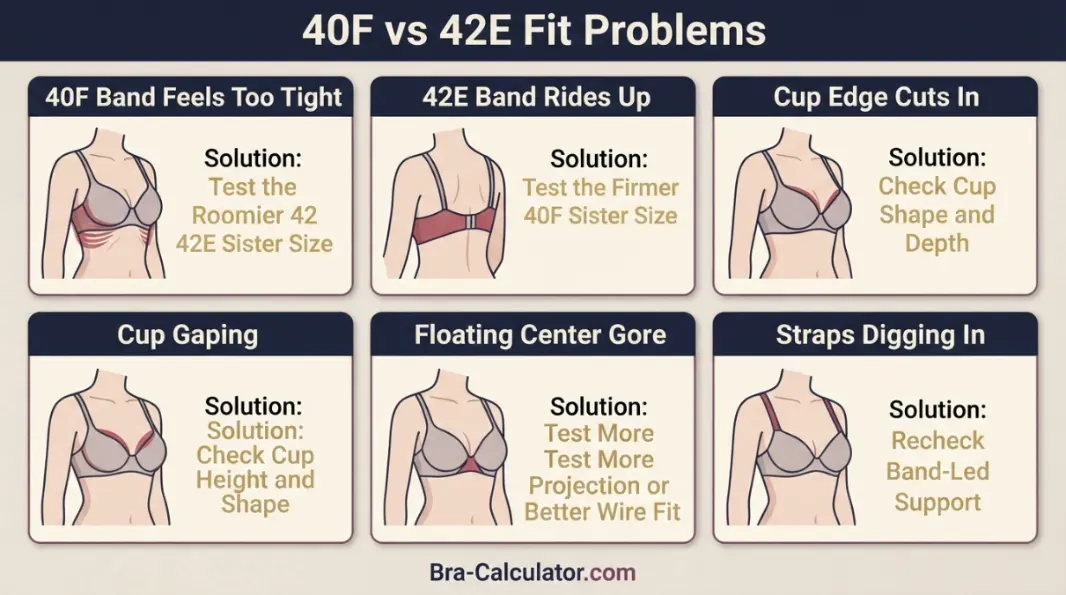 40F vs 42E fit problem diagram showing gaping spillage floating gore band riding up and side tissue issues