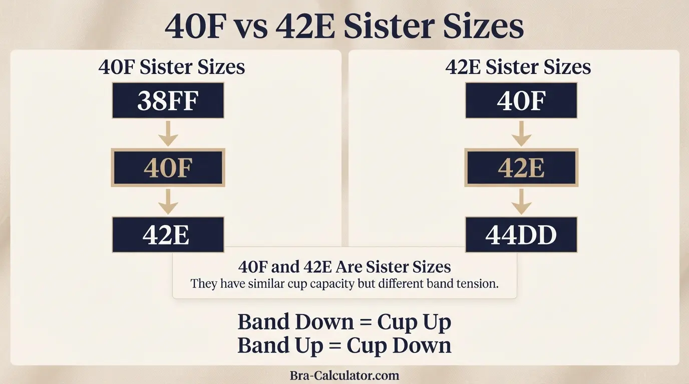 40F vs 42E sister size guide showing tighter-band and looser-band alternatives