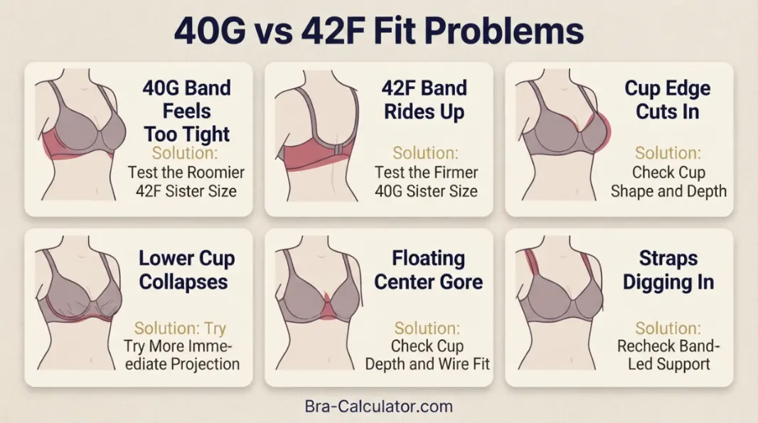 40G vs 42F fit problem diagram showing gaping spillage floating gore band riding up and side tissue issues