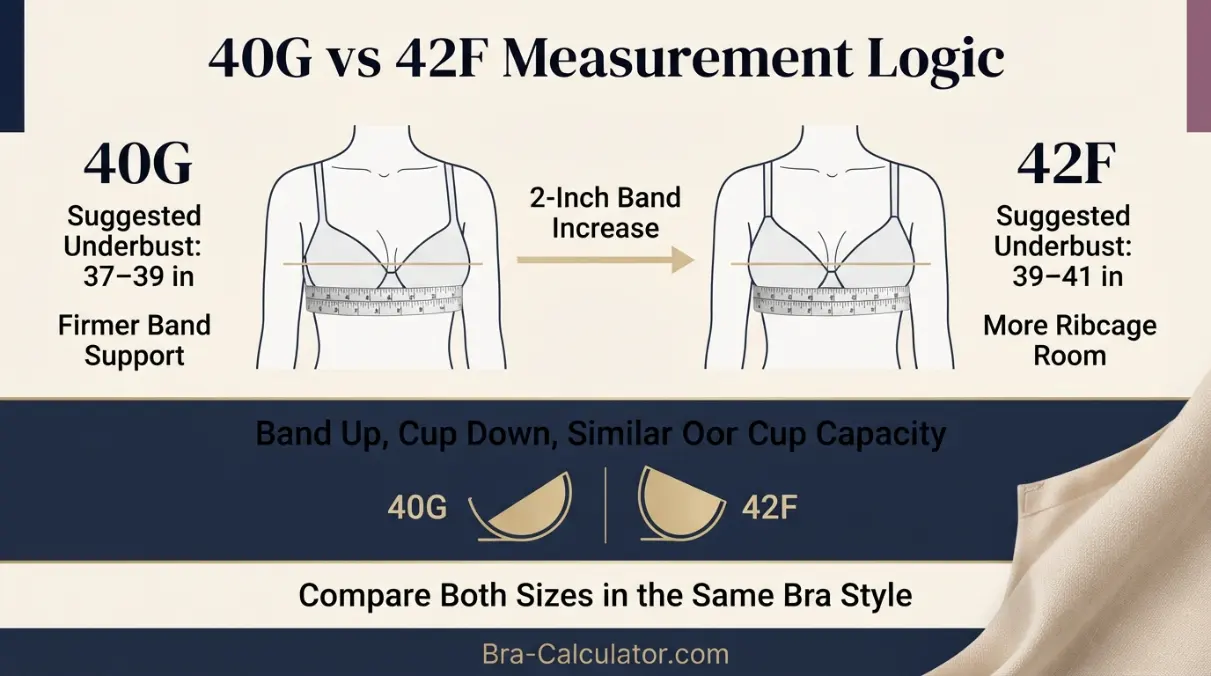40G vs 42F measurement logic diagram showing band starting point and cup-volume comparison