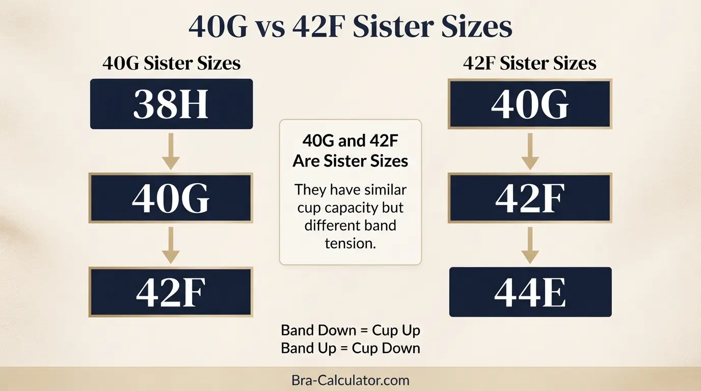 40G vs 42F sister size guide showing tighter-band and looser-band alternatives
