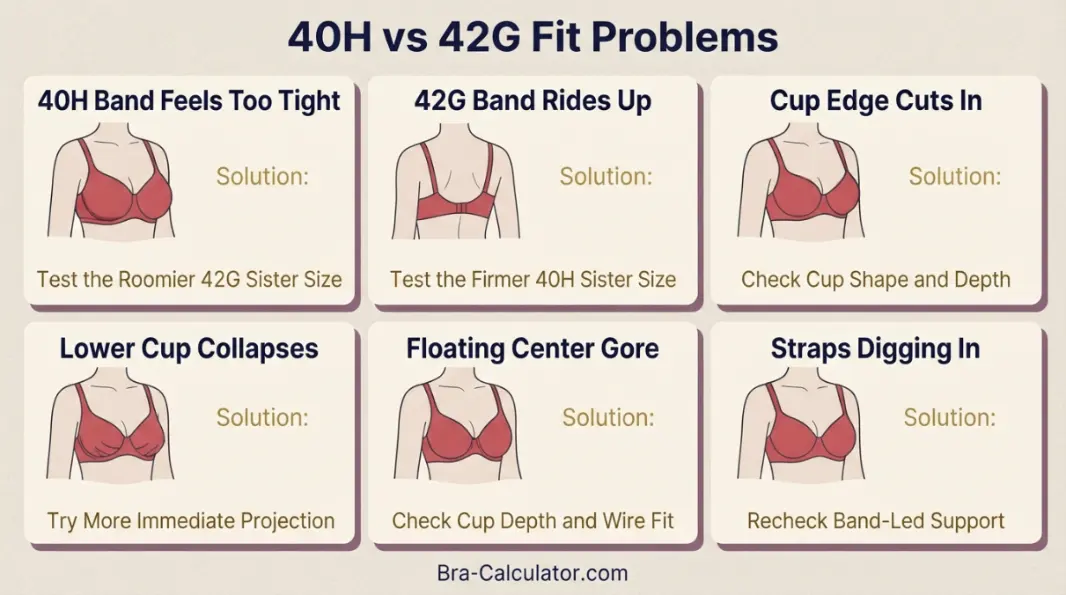 40H vs 42G fit problem diagram showing gaping spillage floating gore band riding up and side tissue issues