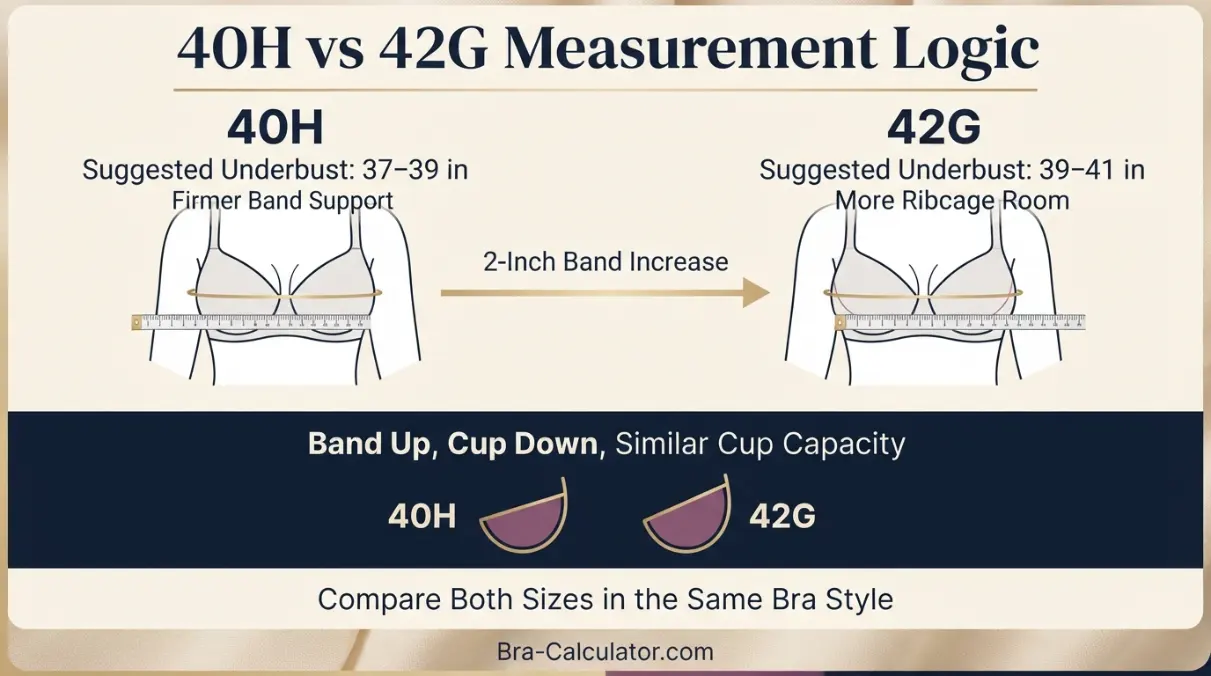 40H vs 42G measurement logic diagram showing band starting point and cup-volume comparison