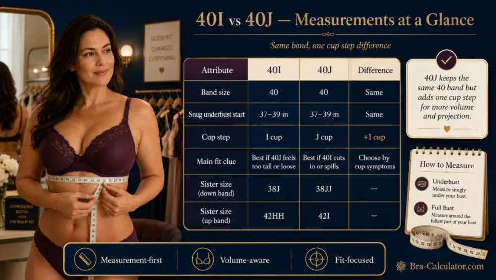40I vs 40J measurement logic diagram showing underbust and cup volume