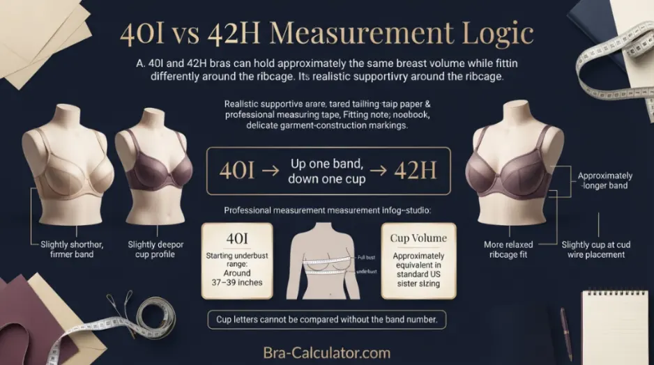 40I vs 42H measurement logic diagram showing underbust and cup volume