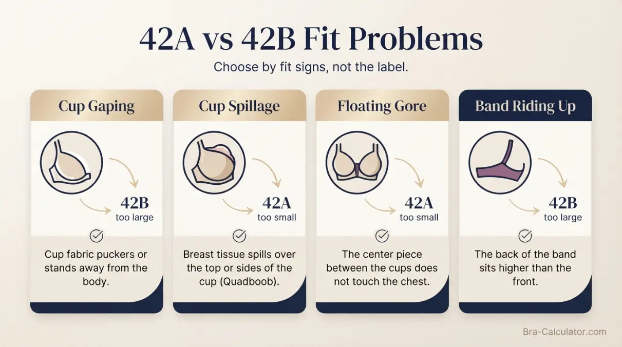 42A vs 42B fit problem diagram showing gaping spillage floating gore band riding up and side tissue issues