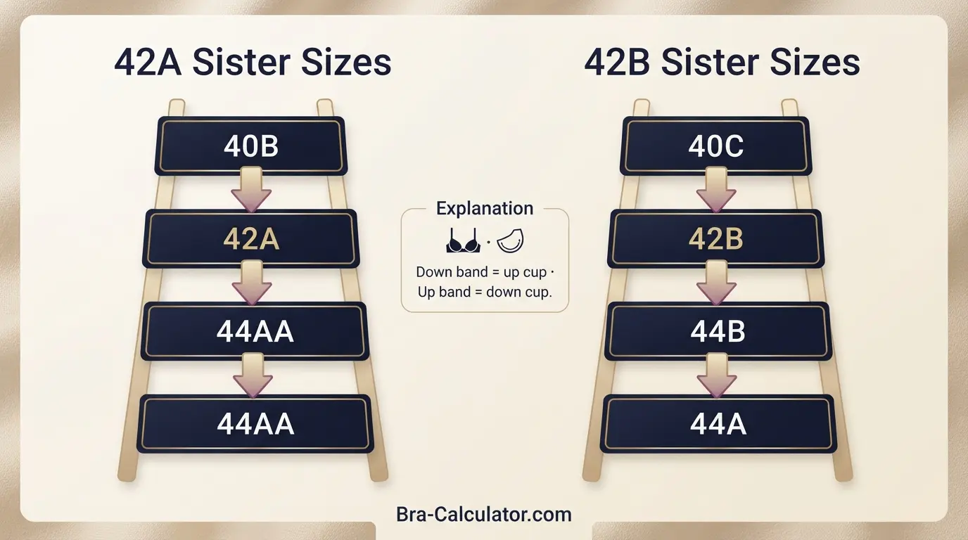 42A vs 42B sister size guide showing tighter-band and looser-band alternatives