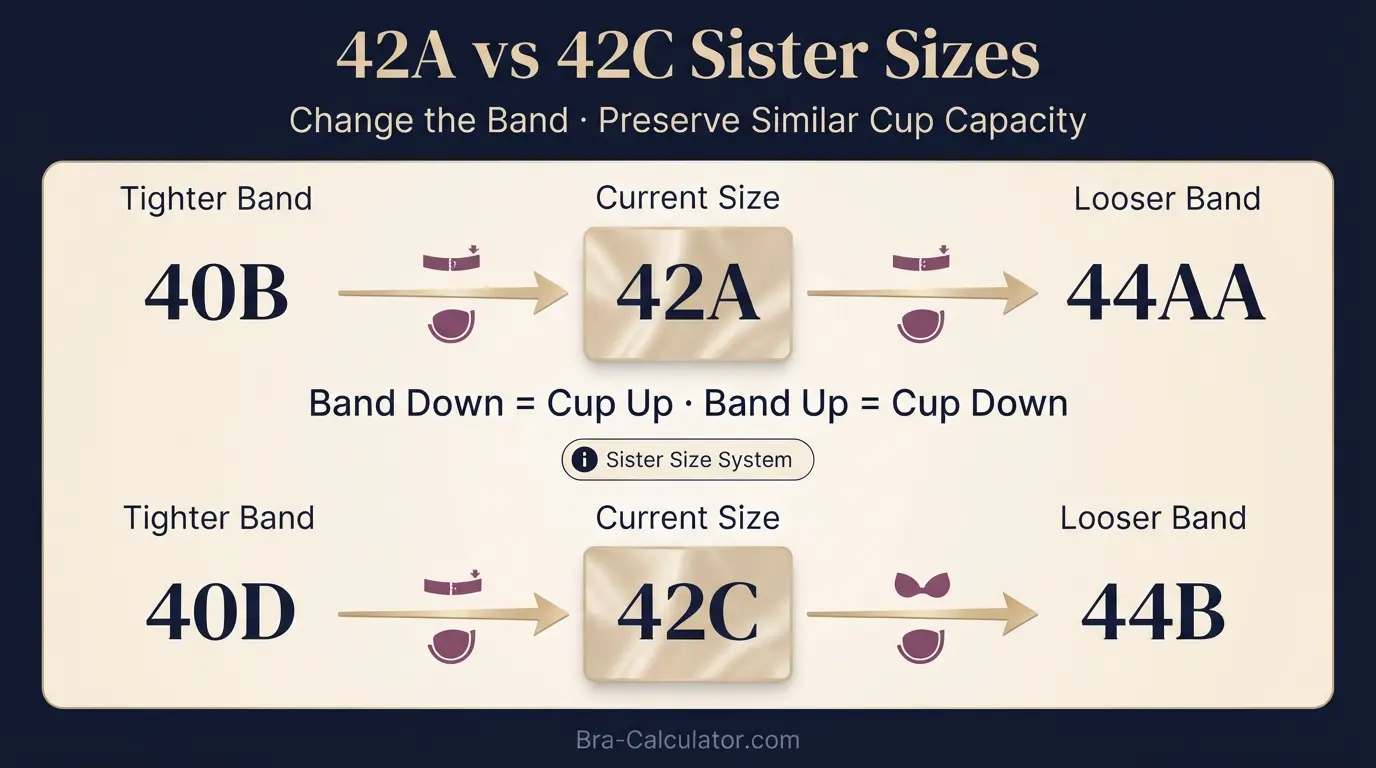 42A vs 42C sister size guide showing tighter-band and looser-band alternatives