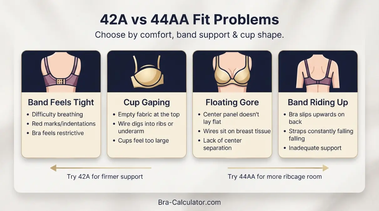 42A vs 44AA fit problem diagram showing gaping spillage floating gore band riding up and side tissue issues