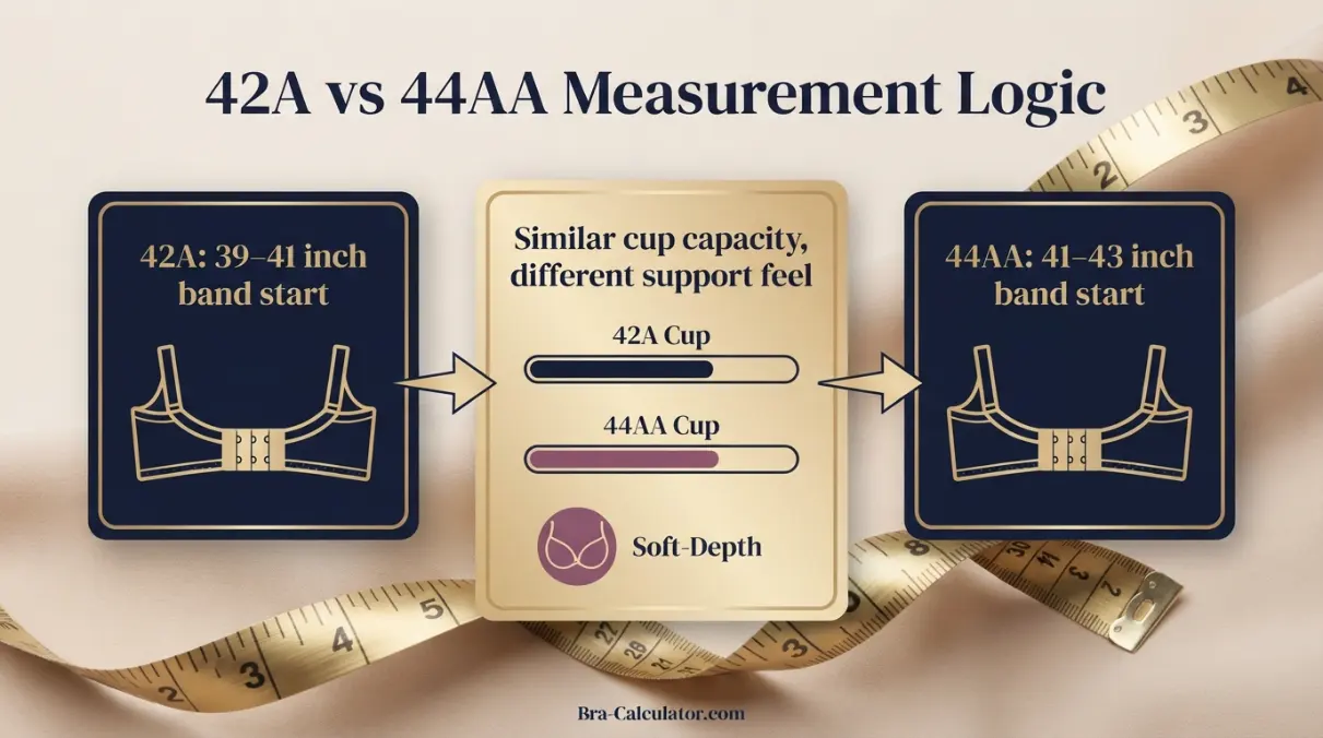 42A vs 44AA measurement logic diagram showing band starting point and cup-volume comparison