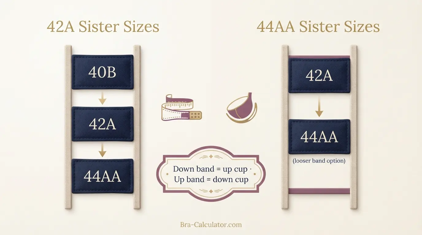 42A vs 44AA sister size guide showing tighter-band and looser-band alternatives