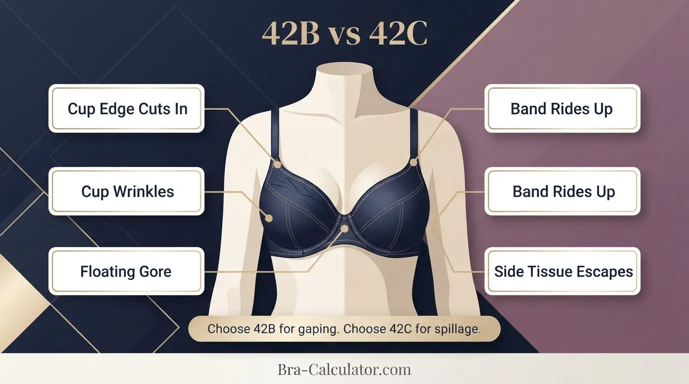 42B vs 42C fit problem diagram showing gaping spillage floating gore band riding up and side tissue issues