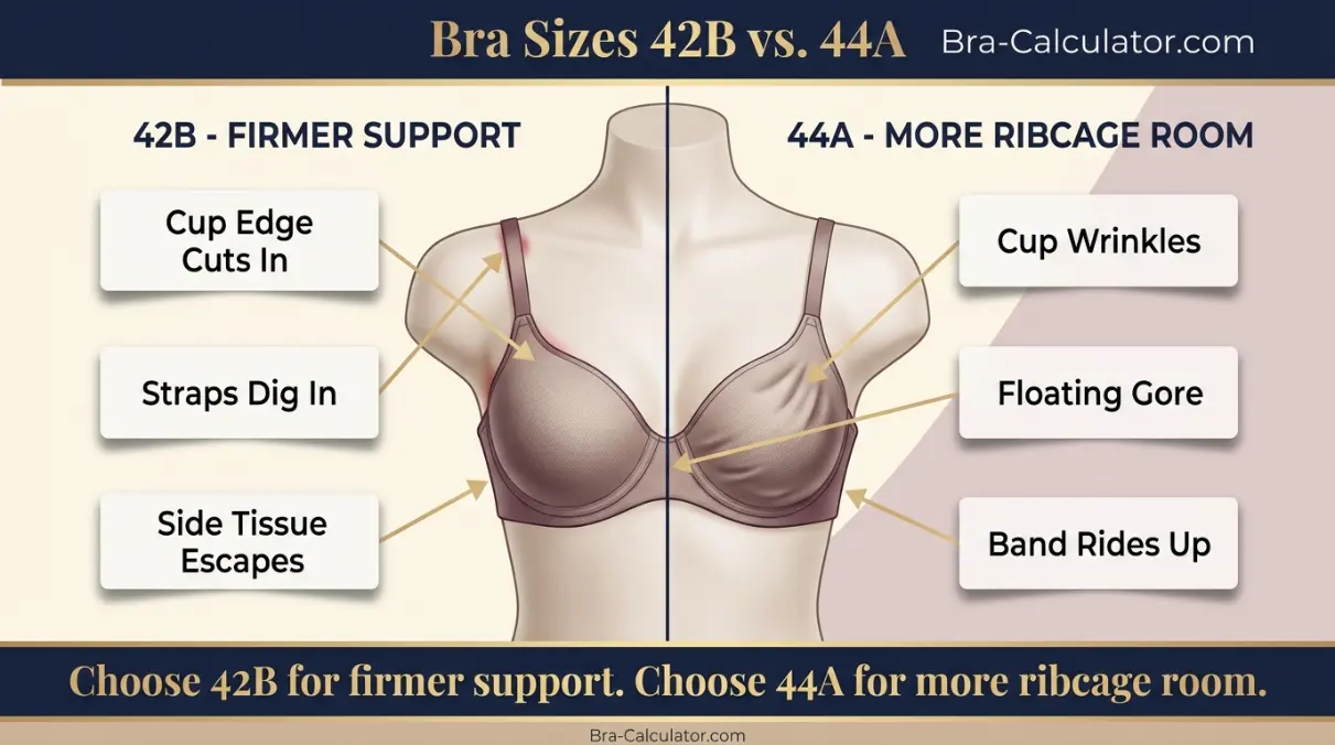 42B vs 44A fit problem diagram showing gaping spillage floating gore band riding up and side tissue issues