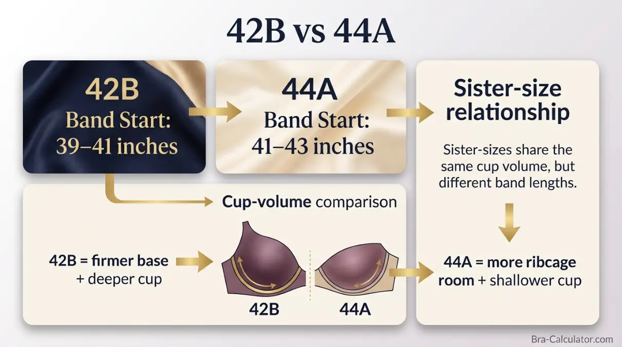 42B vs 44A measurement logic diagram showing band starting point and cup-volume comparison