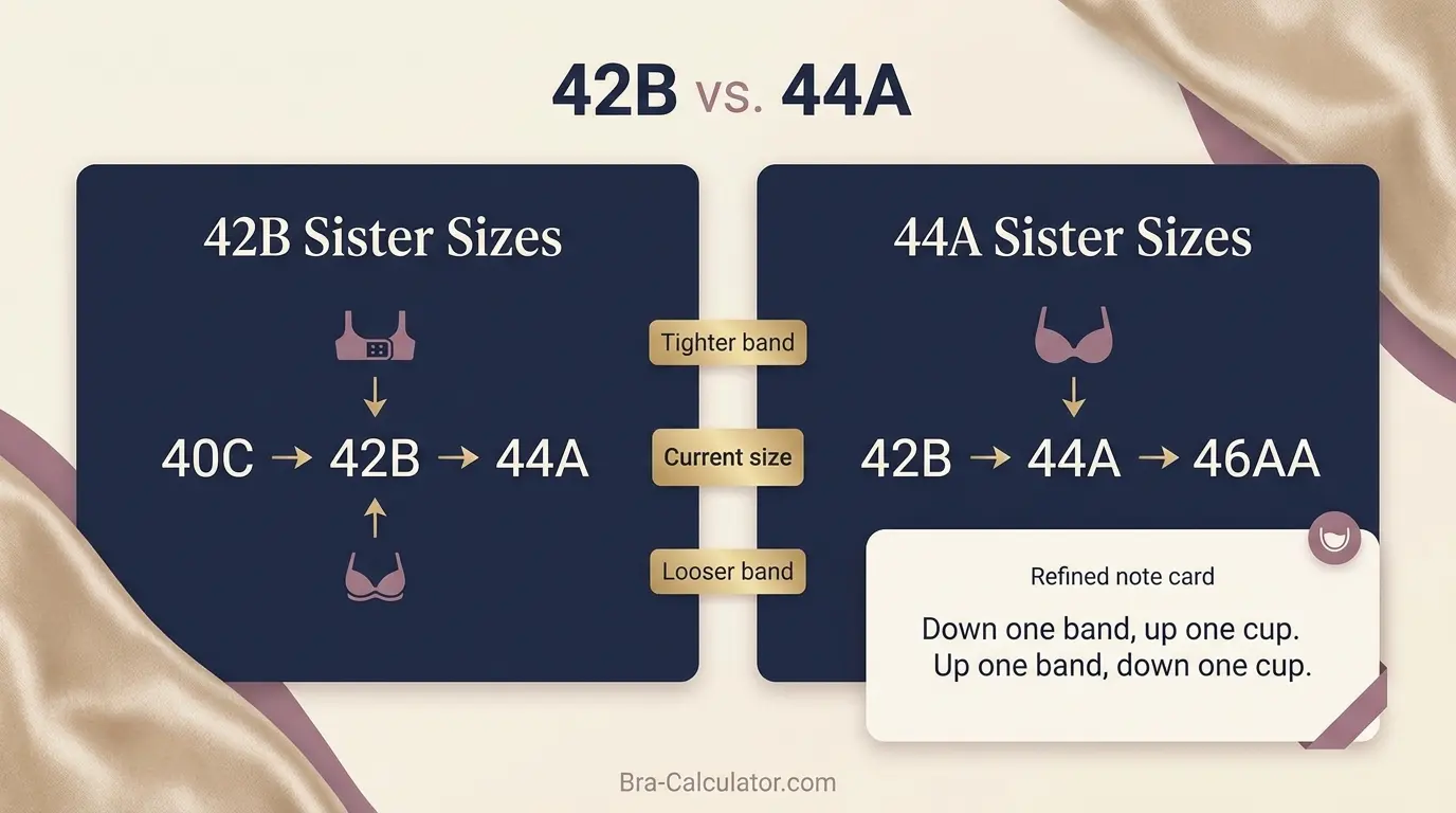 42B vs 44A sister size guide showing tighter-band and looser-band alternatives