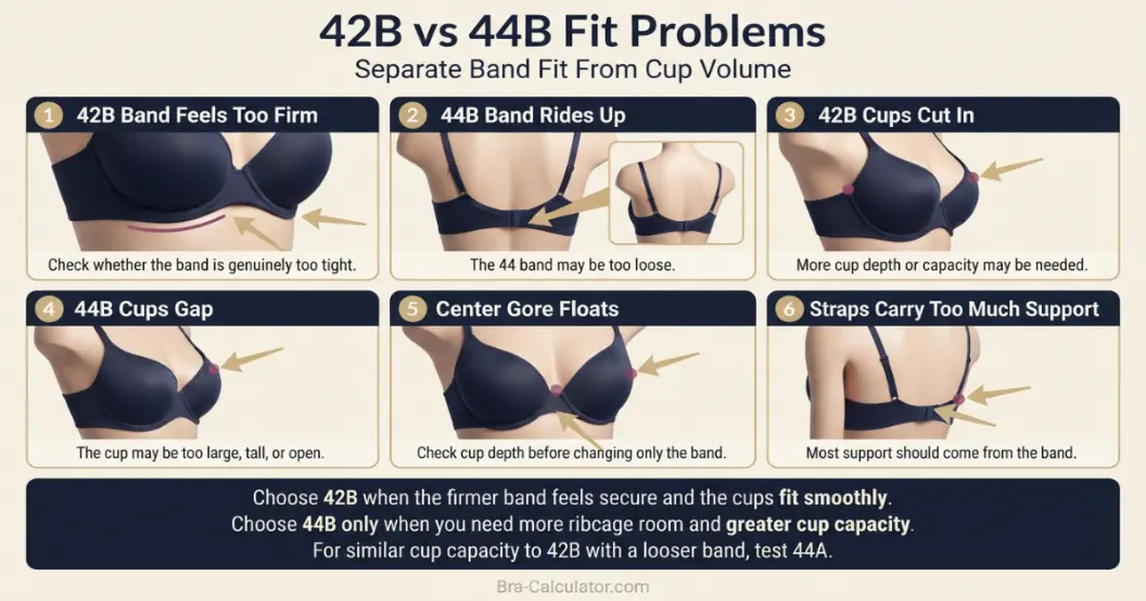 42B vs 44B fit problem diagram showing gaping spillage floating gore band riding up and side tissue issues