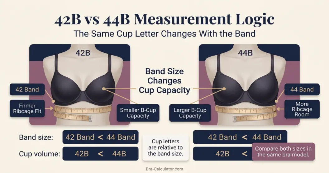 42B vs 44B measurement logic diagram showing band starting point and cup-volume comparison