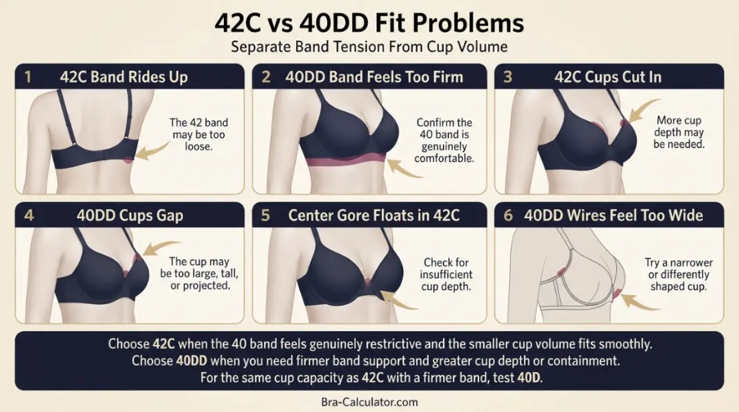 42C vs 40DD fit problem diagram showing gaping spillage floating gore band riding up and side tissue issues