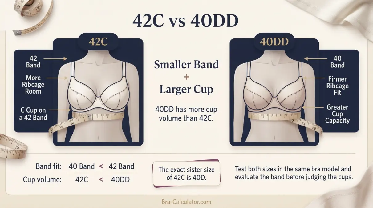 42C vs 40DD measurement logic diagram showing band starting point and cup-volume comparison