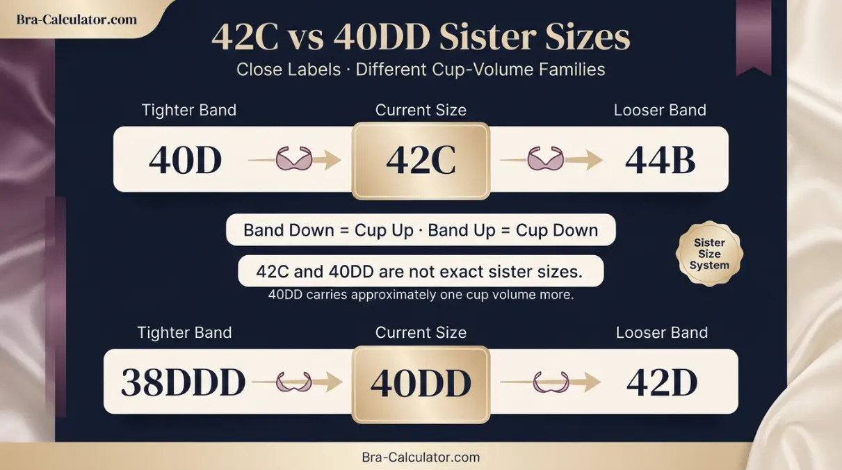 42C vs 40DD sister size guide showing tighter-band and looser-band alternatives