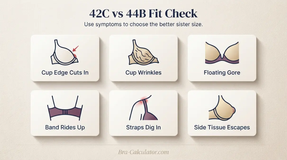 42C vs 44B fit problem diagram showing gaping spillage floating gore band riding up and side tissue issues