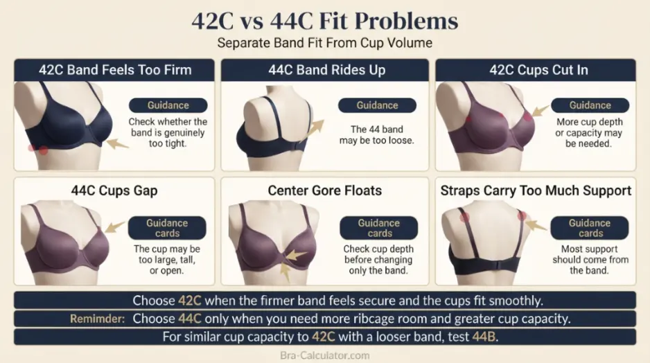 42C vs 44C fit problem diagram showing gaping spillage floating gore band riding up and side tissue issues
