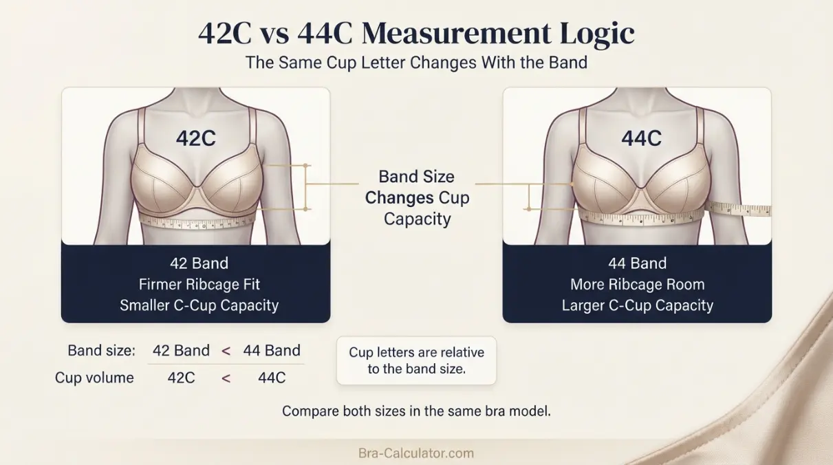 42C vs 44C measurement logic diagram showing band starting point and cup-volume comparison