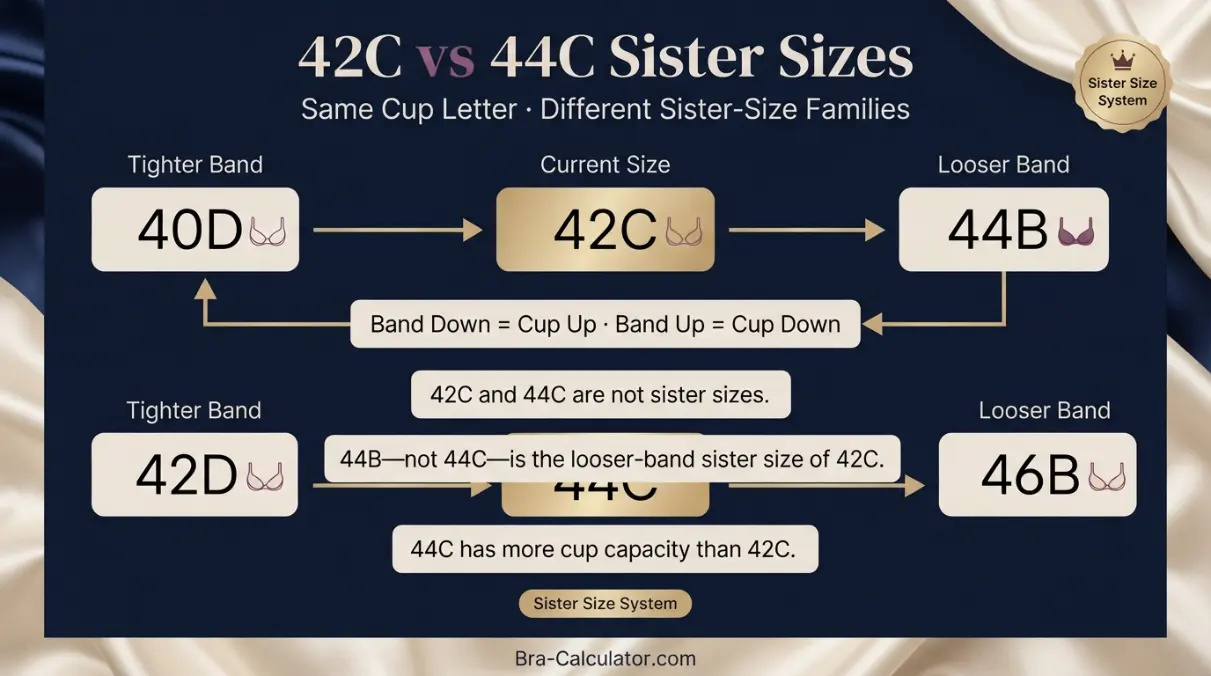 42C vs 44C sister size guide showing tighter-band and looser-band alternatives