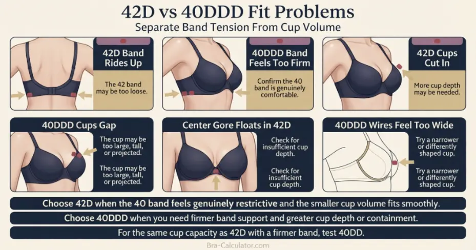 42D vs 40DDD fit problem diagram showing gaping spillage floating gore band riding up and side tissue issues