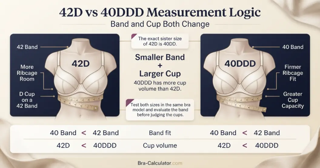 42D vs 40DDD measurement logic diagram showing band starting point and cup-volume comparison
