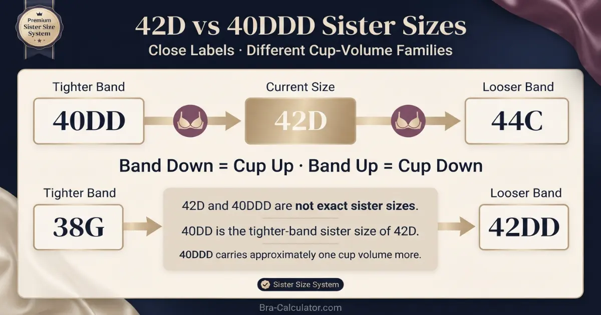 42D vs 40DDD sister size guide showing tighter-band and looser-band alternatives