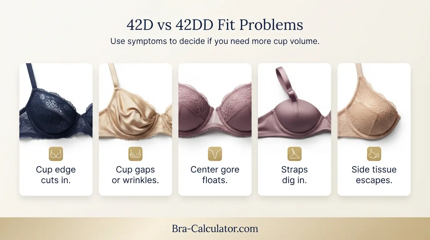 42D vs 42DD fit problem diagram showing gaping spillage floating gore band riding up and side tissue issues