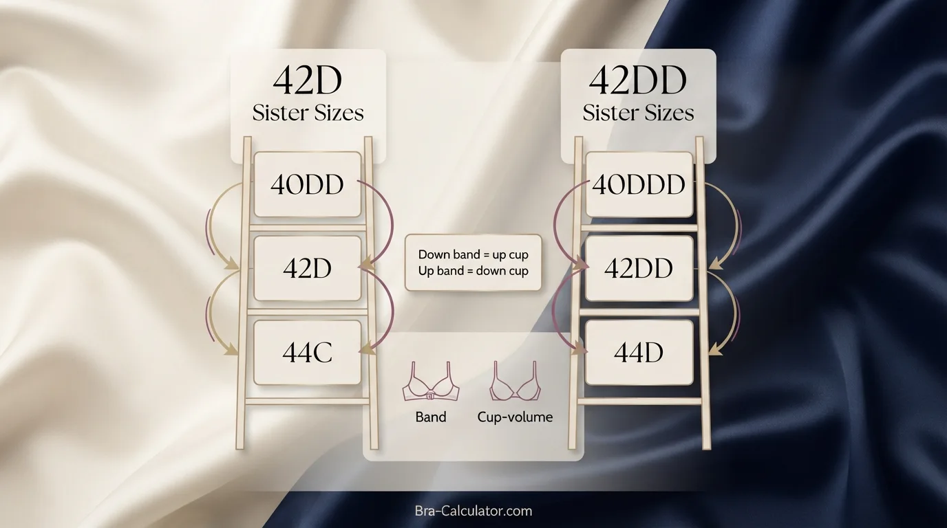 42D vs 42DD sister size guide showing tighter-band and looser-band alternatives