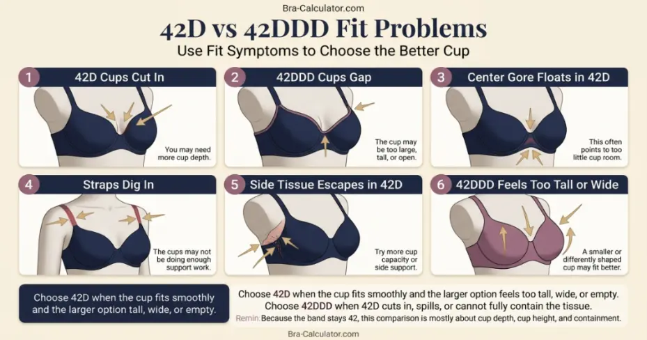 42D vs 42DDD fit problem diagram showing gaping spillage floating gore band riding up and side tissue issues