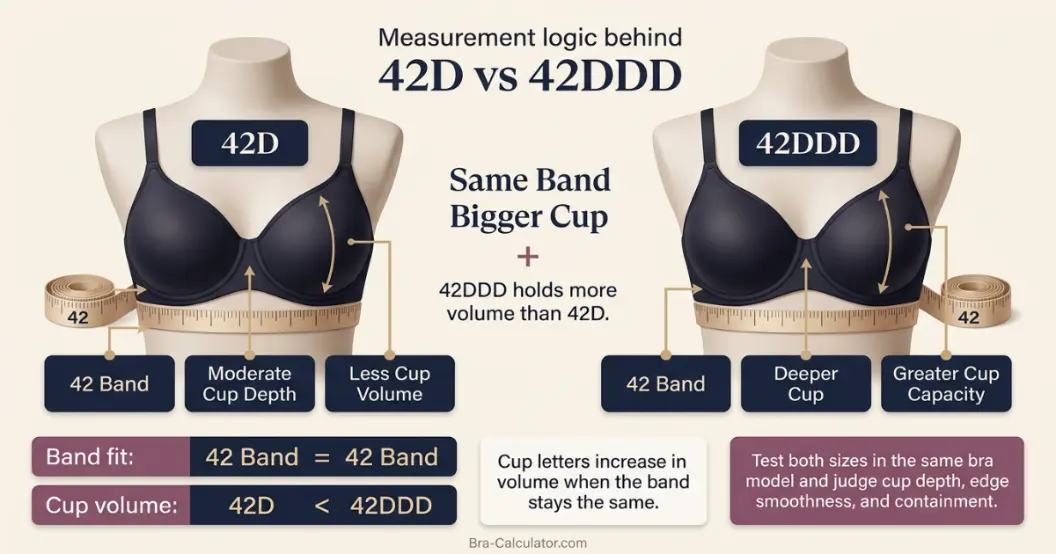 42D vs 42DDD measurement logic diagram showing band starting point and cup-volume comparison