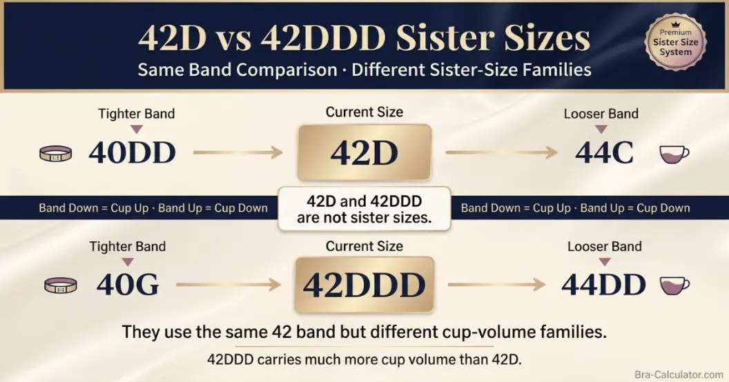 42D vs 42DDD sister size guide showing tighter-band and looser-band alternatives