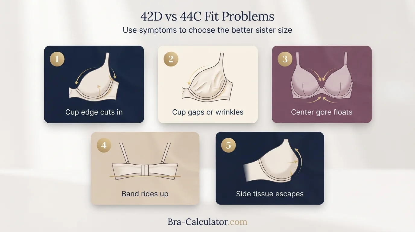 42D vs 44C fit problem diagram showing gaping spillage floating gore band riding up and side tissue issues