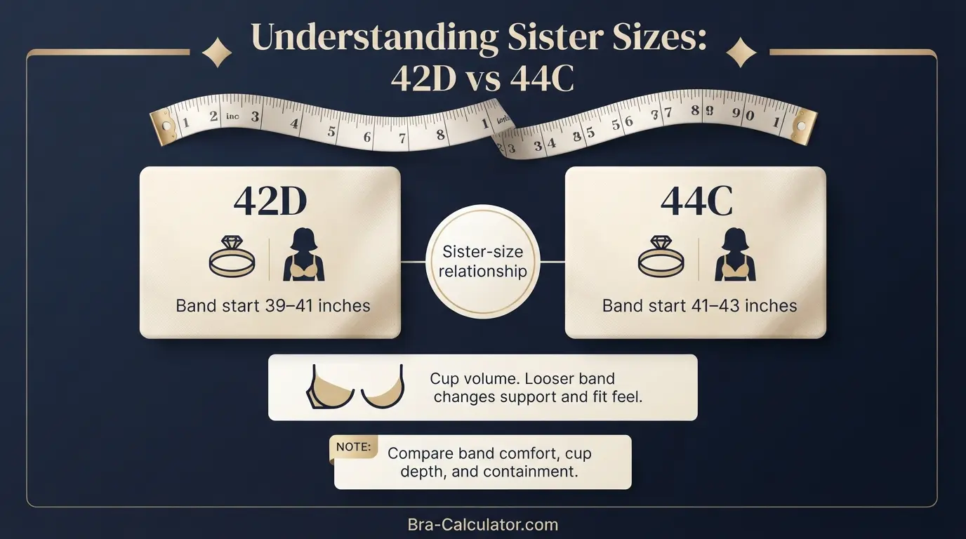 42D vs 44C measurement logic diagram showing band starting point and cup-volume comparison