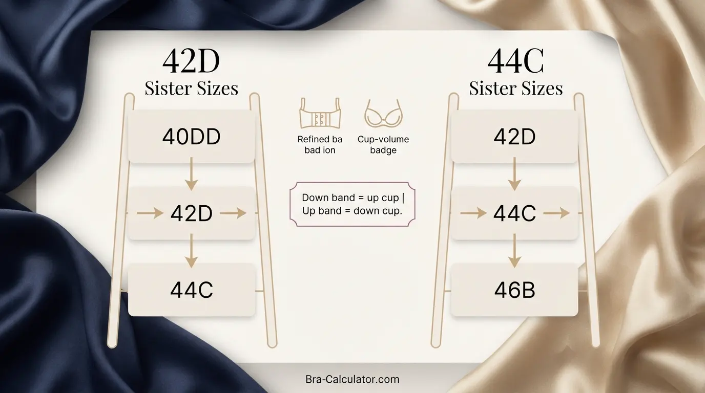 42D vs 44C sister size guide showing tighter-band and looser-band alternatives