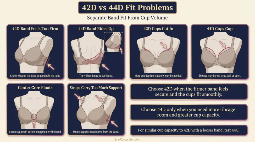 42D vs 44D fit problem diagram showing gaping spillage floating gore band riding up and side tissue issues