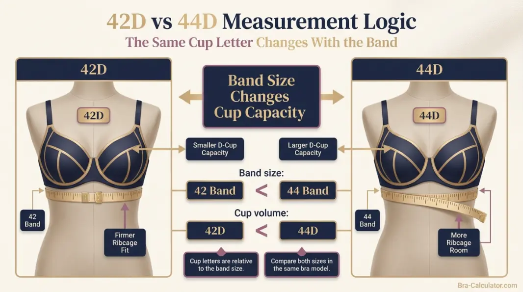 42D vs 44D measurement logic diagram showing band starting point and cup-volume comparison