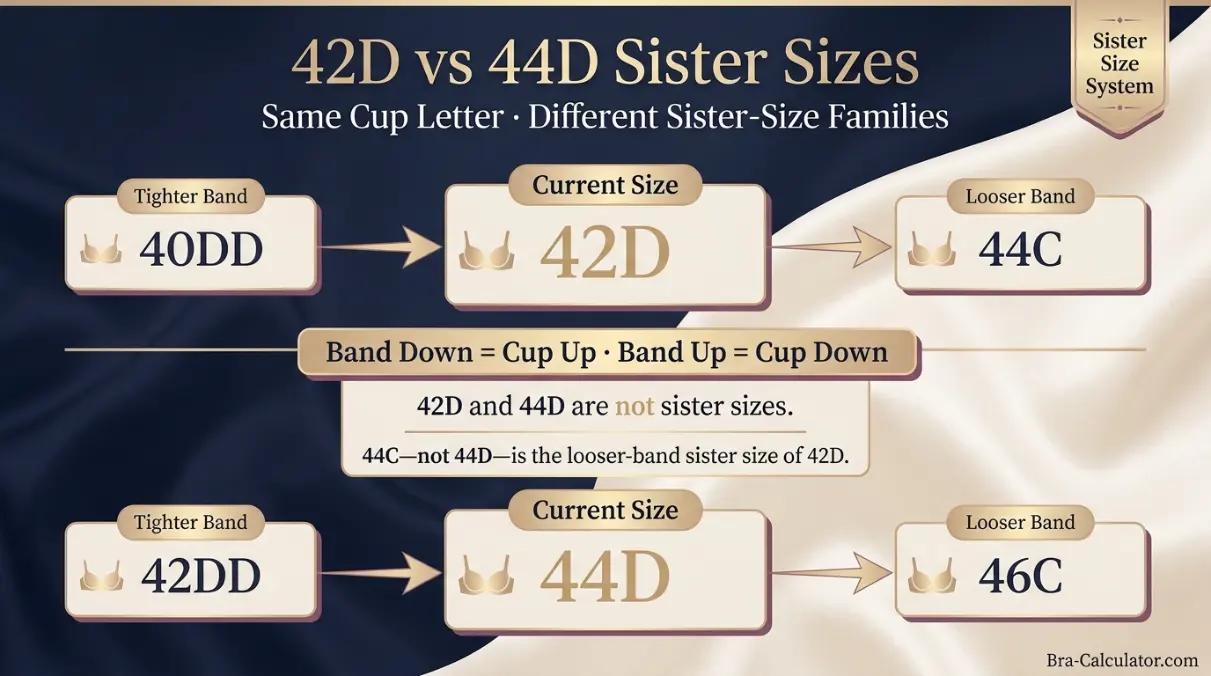42D vs 44D sister size guide showing tighter-band and looser-band alternatives