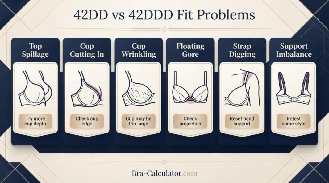 42DD vs 42DDD fit problem diagram showing gaping spillage floating gore band riding up and side tissue issues