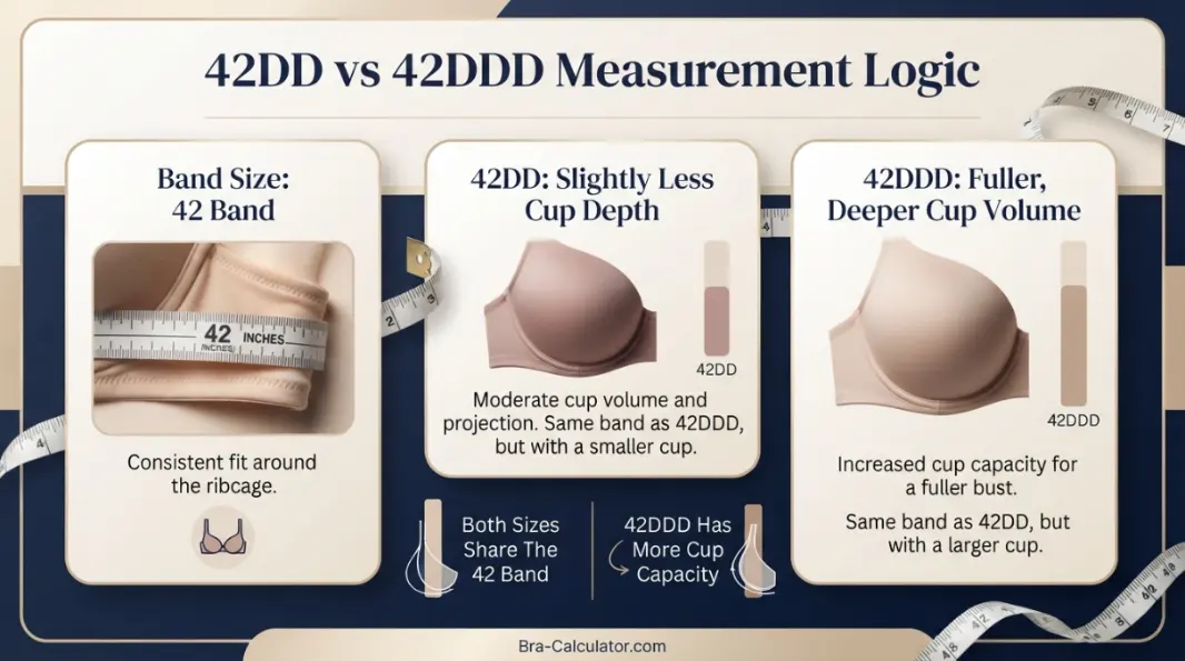 42DD vs 42DDD measurement logic diagram showing band starting point and cup-volume comparison