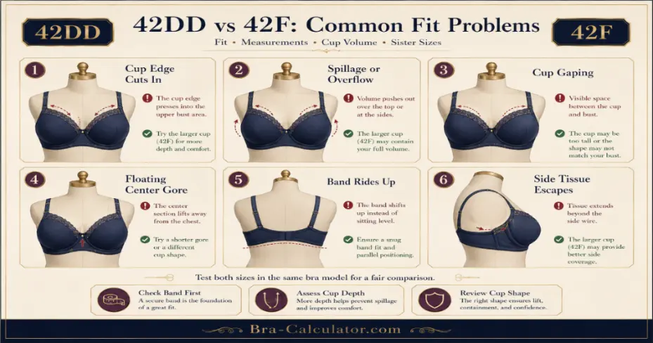 42DD vs 42F fit problem diagram showing gaping spillage floating gore band riding up and side tissue issues