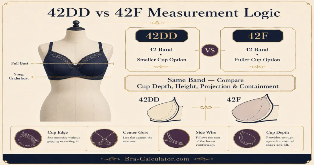 42DD vs 42F measurement logic diagram showing band starting point and cup-volume comparison