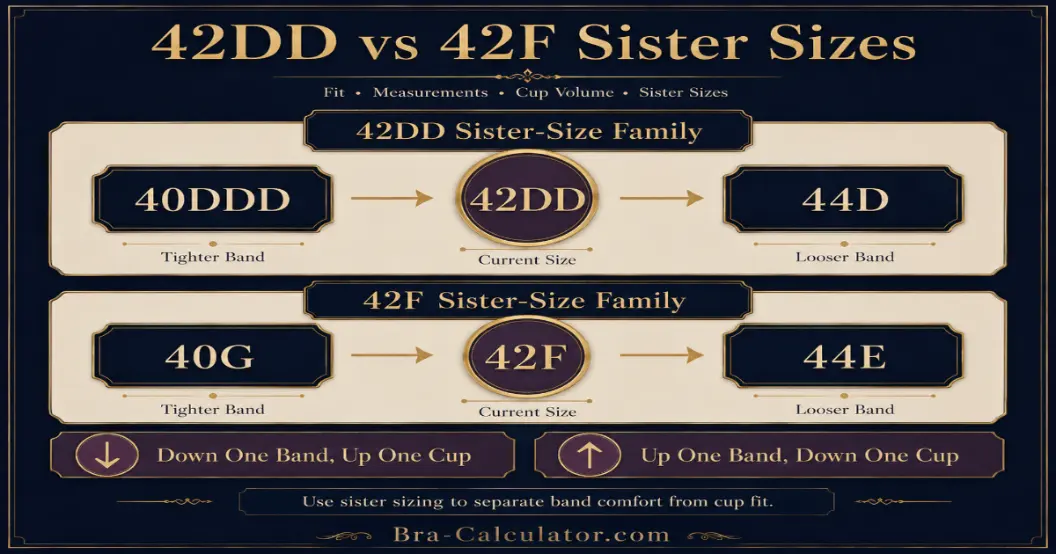 42DD vs 42F sister size guide showing tighter-band and looser-band alternatives