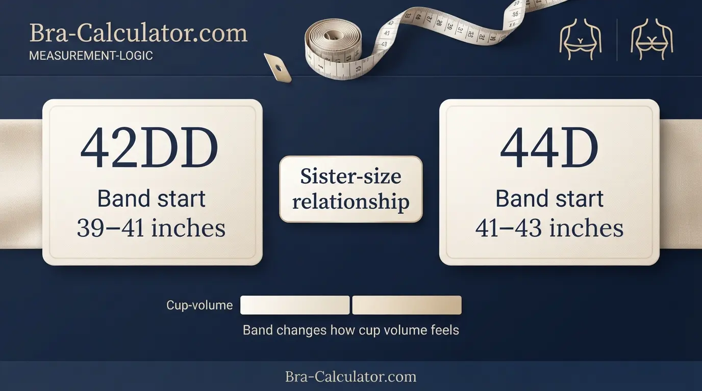 42DD vs 44D measurement logic diagram showing band starting point and cup-volume comparison