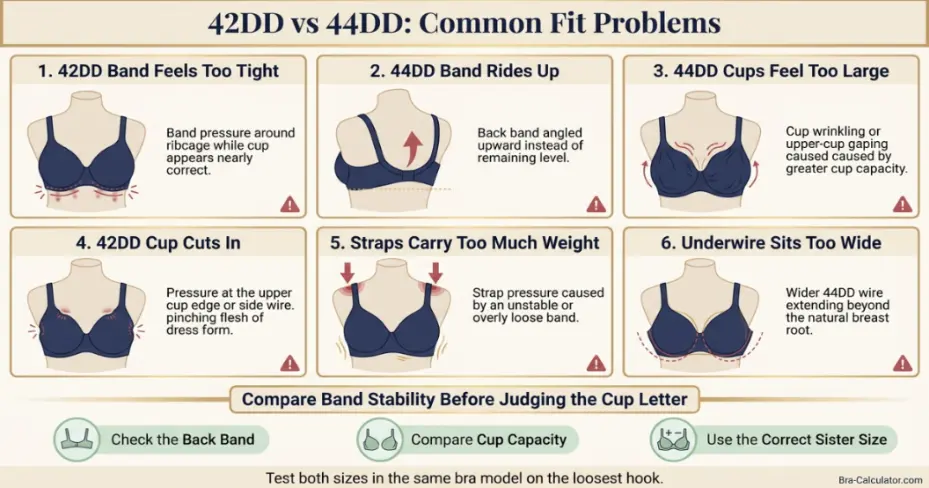 42DD vs 44DD fit problem diagram showing gaping spillage floating gore band riding up and side tissue issues